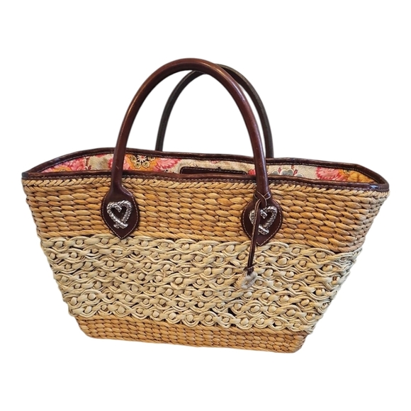 Brighton Handbags - Vintage Brighton Woven Straw Beige & Brown Leather Shoulder Tote Bag